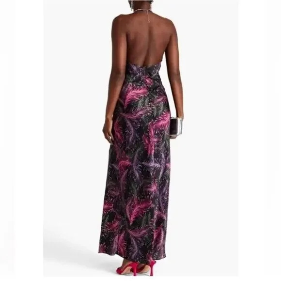 NWT NICHOLAS Melia floral-feather print silk halter-neck maxi gown